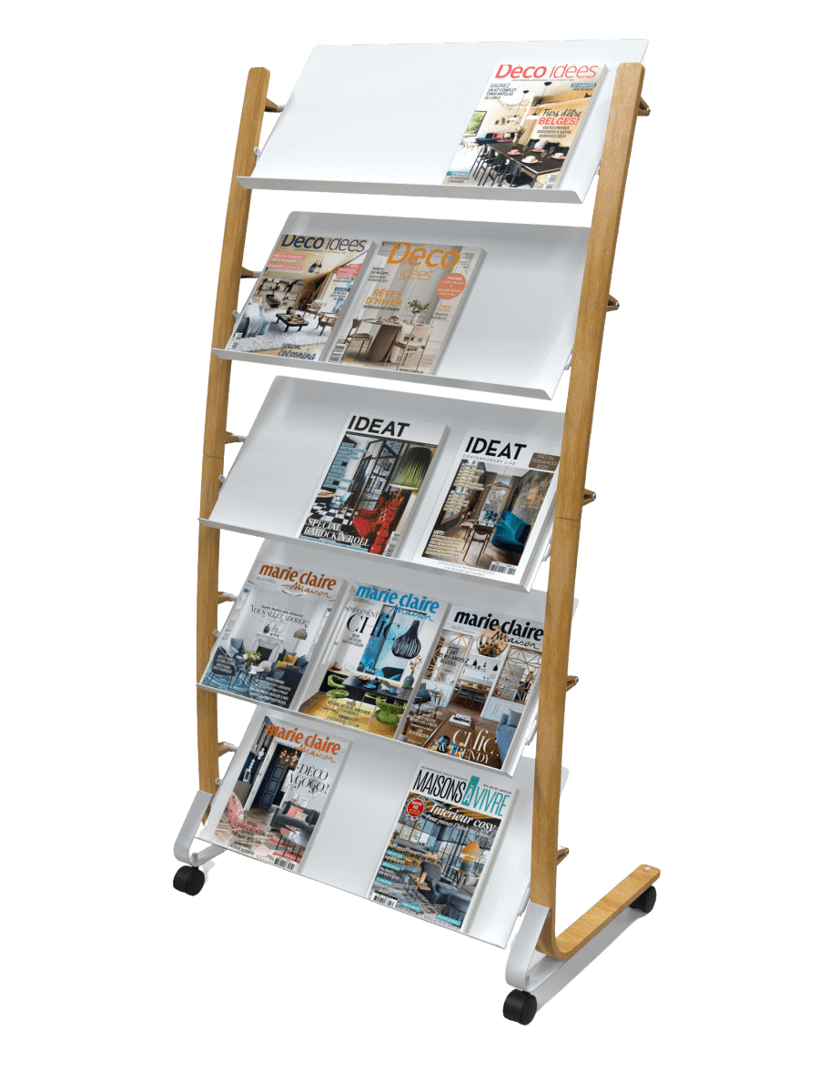 Présentoir Mobile Grand Modèle avec Roulettes - Bois et Blanc - SC Mobilier