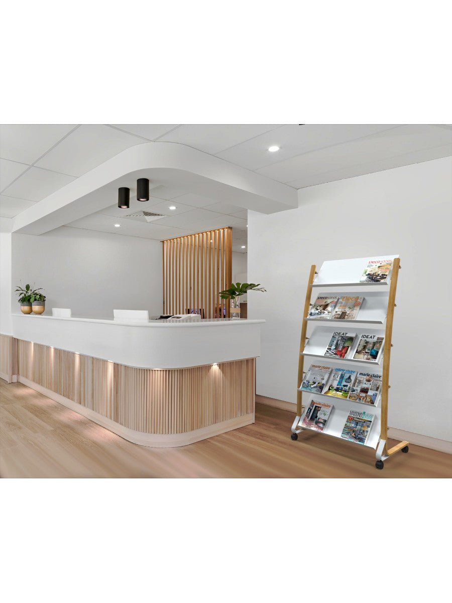 Présentoir Mobile Grand Modèle avec Roulettes - Bois et Blanc - SC Mobilier