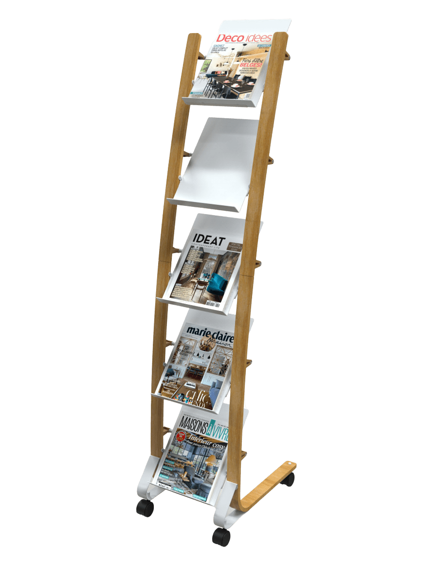 Présentoir Mobile Petit Modèle avec Roulettes - Bois et Blanc - SC Mobilier