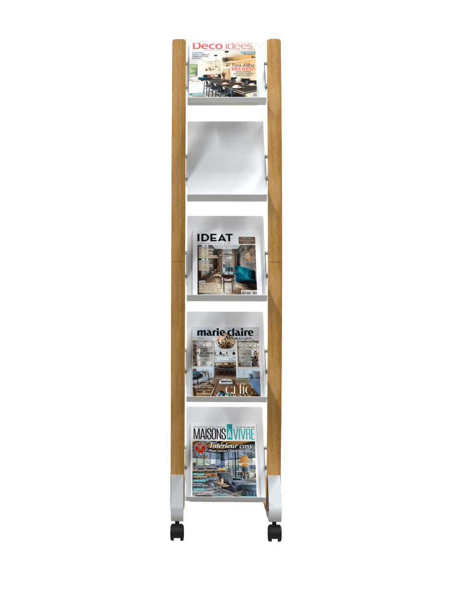 Présentoir Mobile Petit Modèle avec Roulettes - Bois et Blanc - SC Mobilier