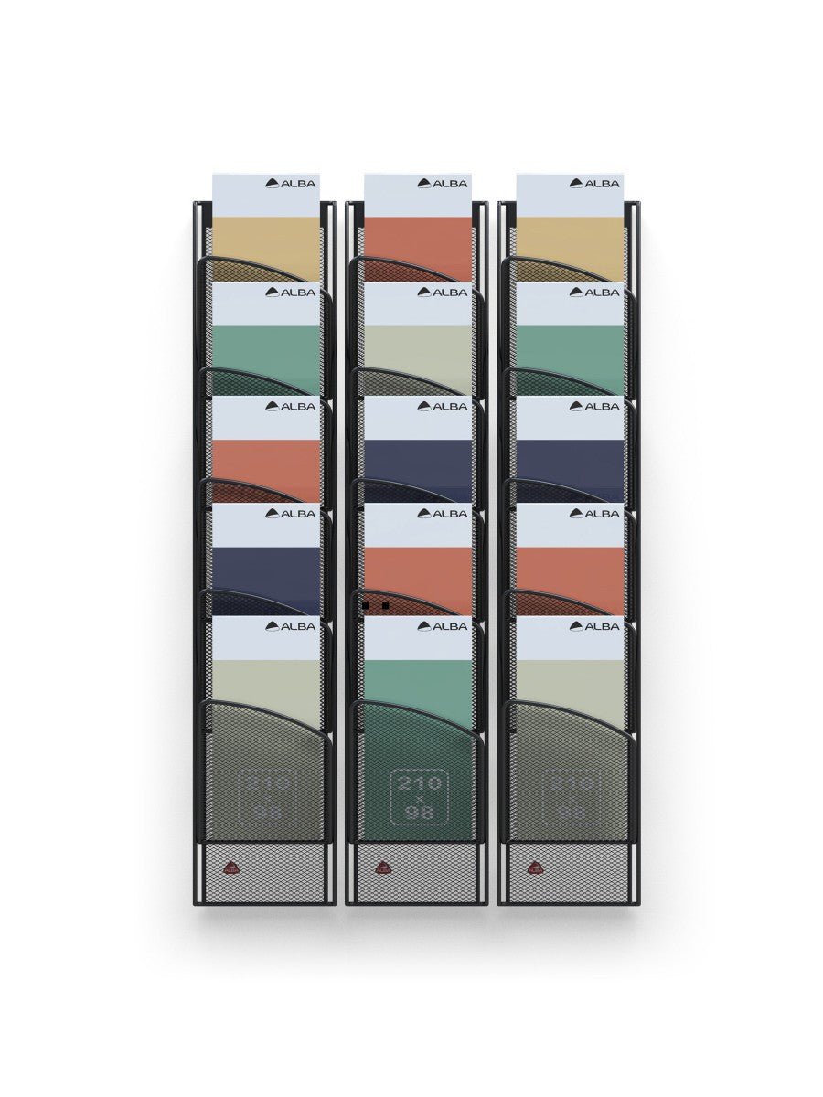 Présentoir Mural Mesh Noir 5 Compartiments 1/3 A4 - SC Mobilier